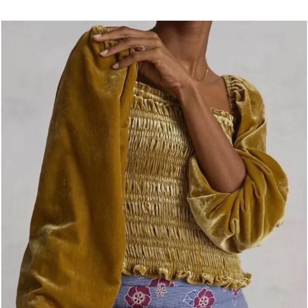 ANTHROPOLOGIE Gold Velvet Smock Crop Top Size M